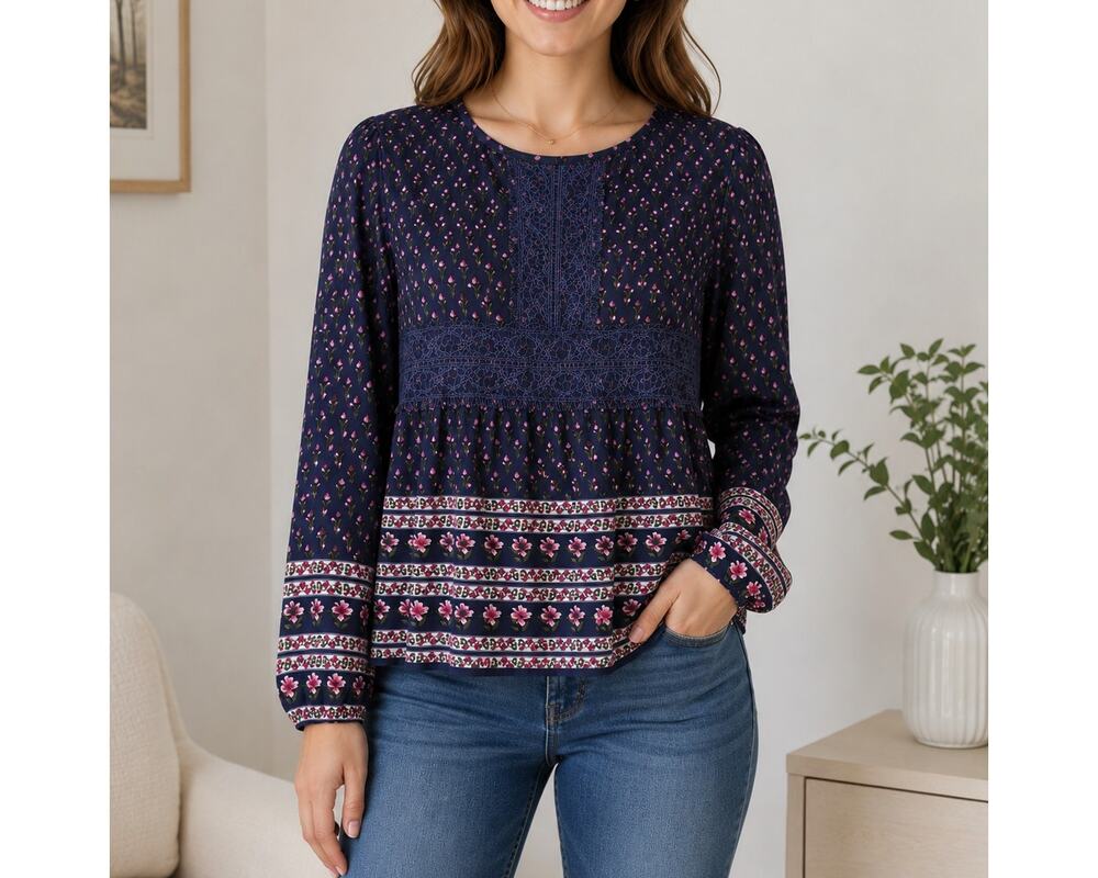 Clover & Scout BOHO Floral Lace Polyester Blouse Size Medium Long Sleeve